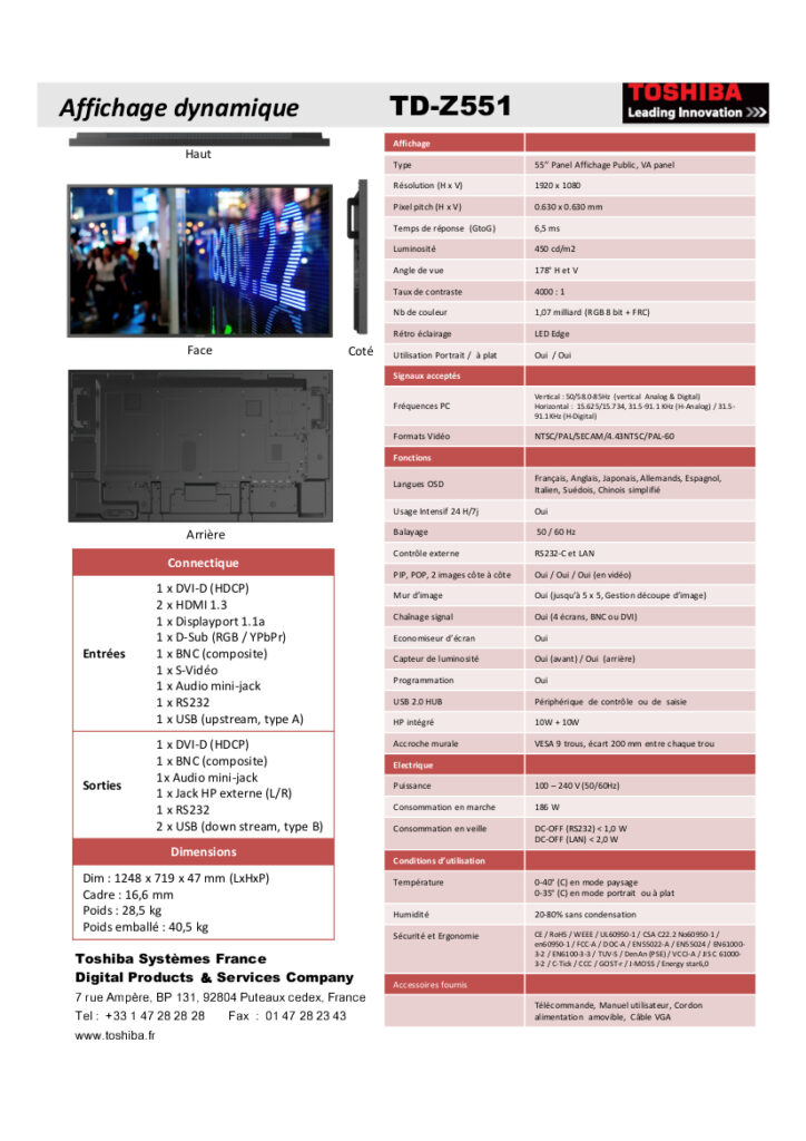 Fiche moniteur Toshiba TD-Z551